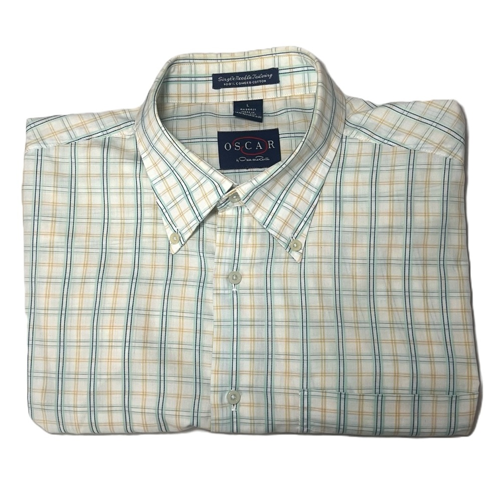 $15 SALE Oscar de‎ la Renta Cotton Plaid Designer Shirt Mens L Short Sleeve